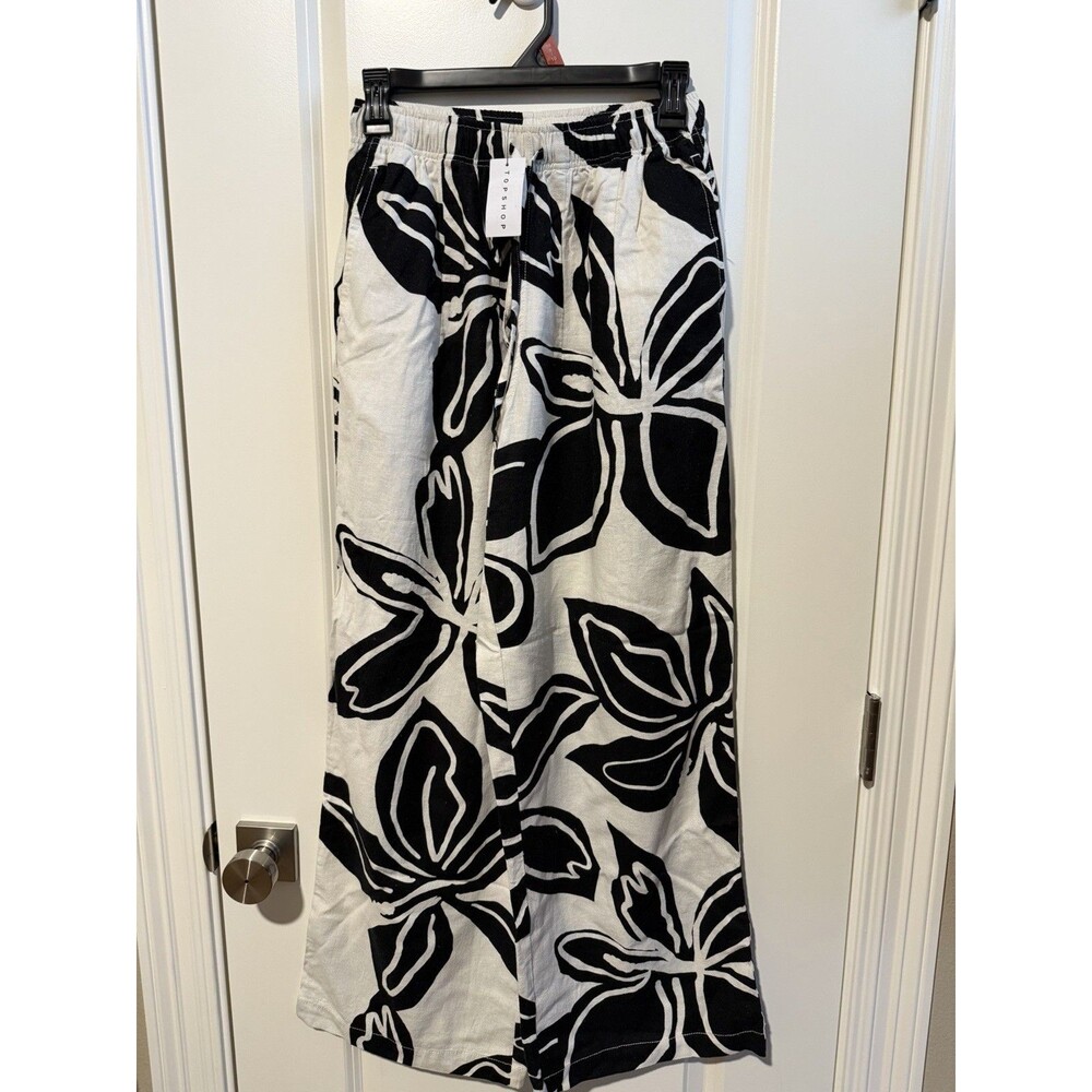 Topshop Linen Floral Wide Leg Pants XS 0-2 Black White NWT High Rise